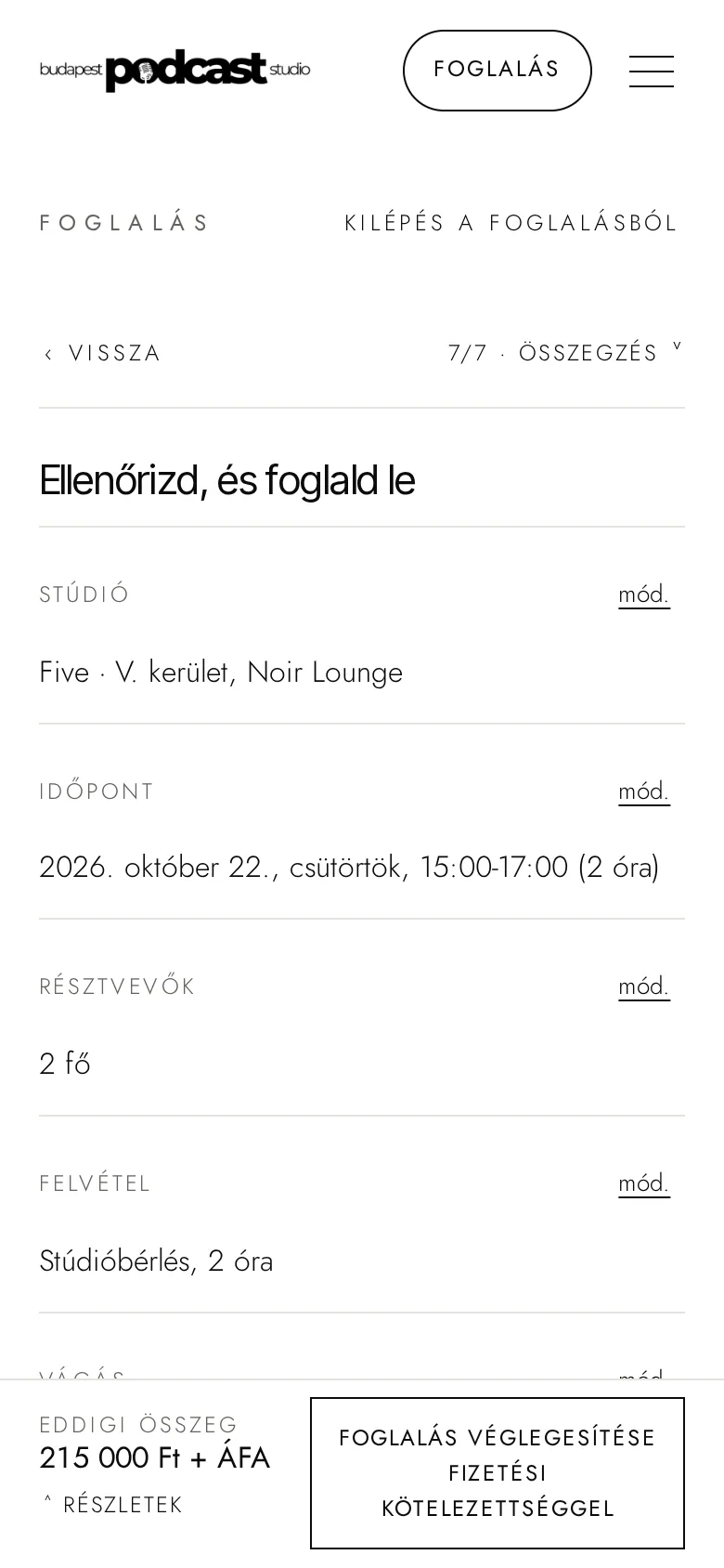 A foglalás összegzése telefonon, a végösszeg a szerver számítása