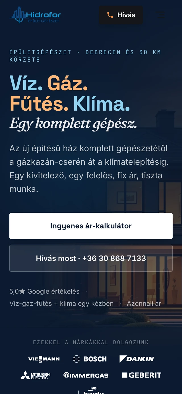 A Hidrofor weboldal mobil nézetben