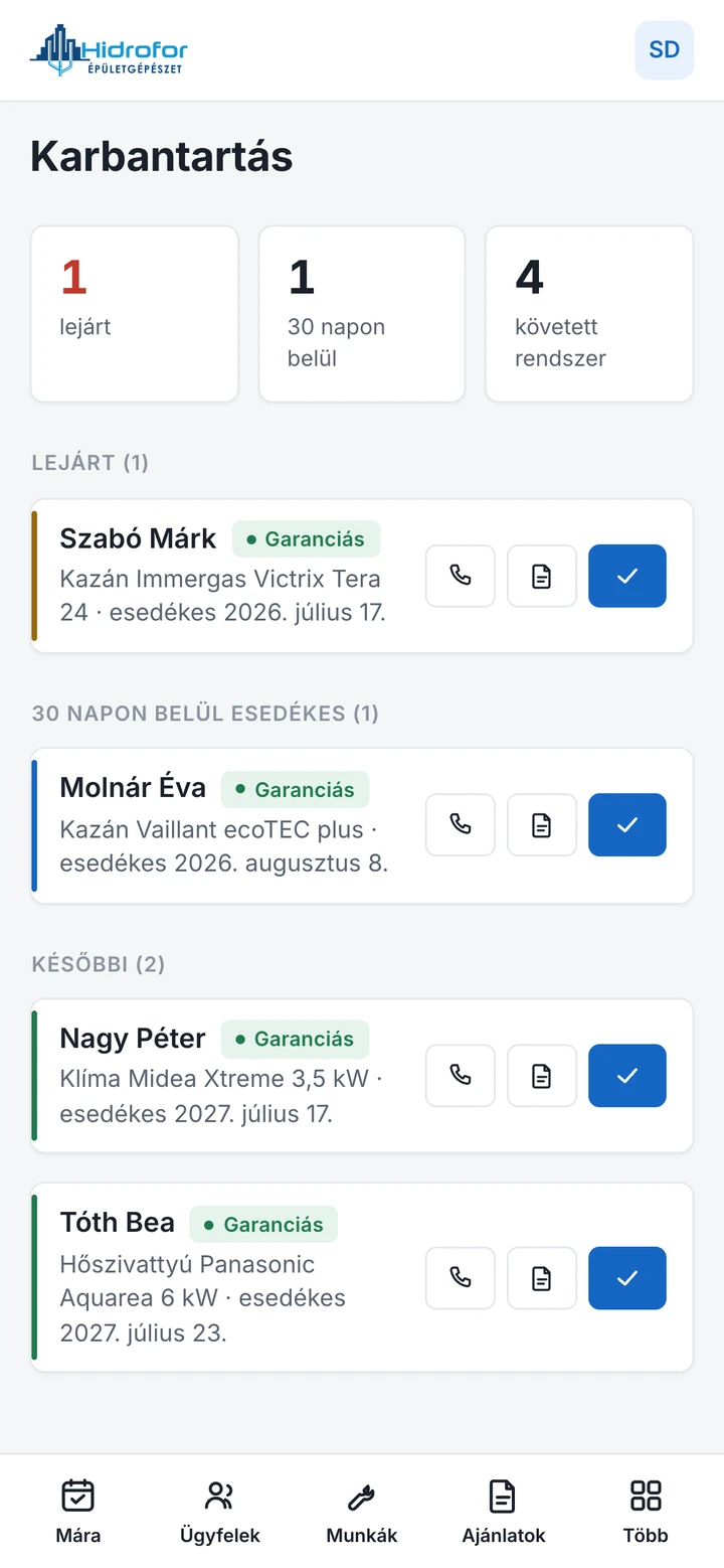 Karbantartás és garancia nézet a Hidrofor rendszerben