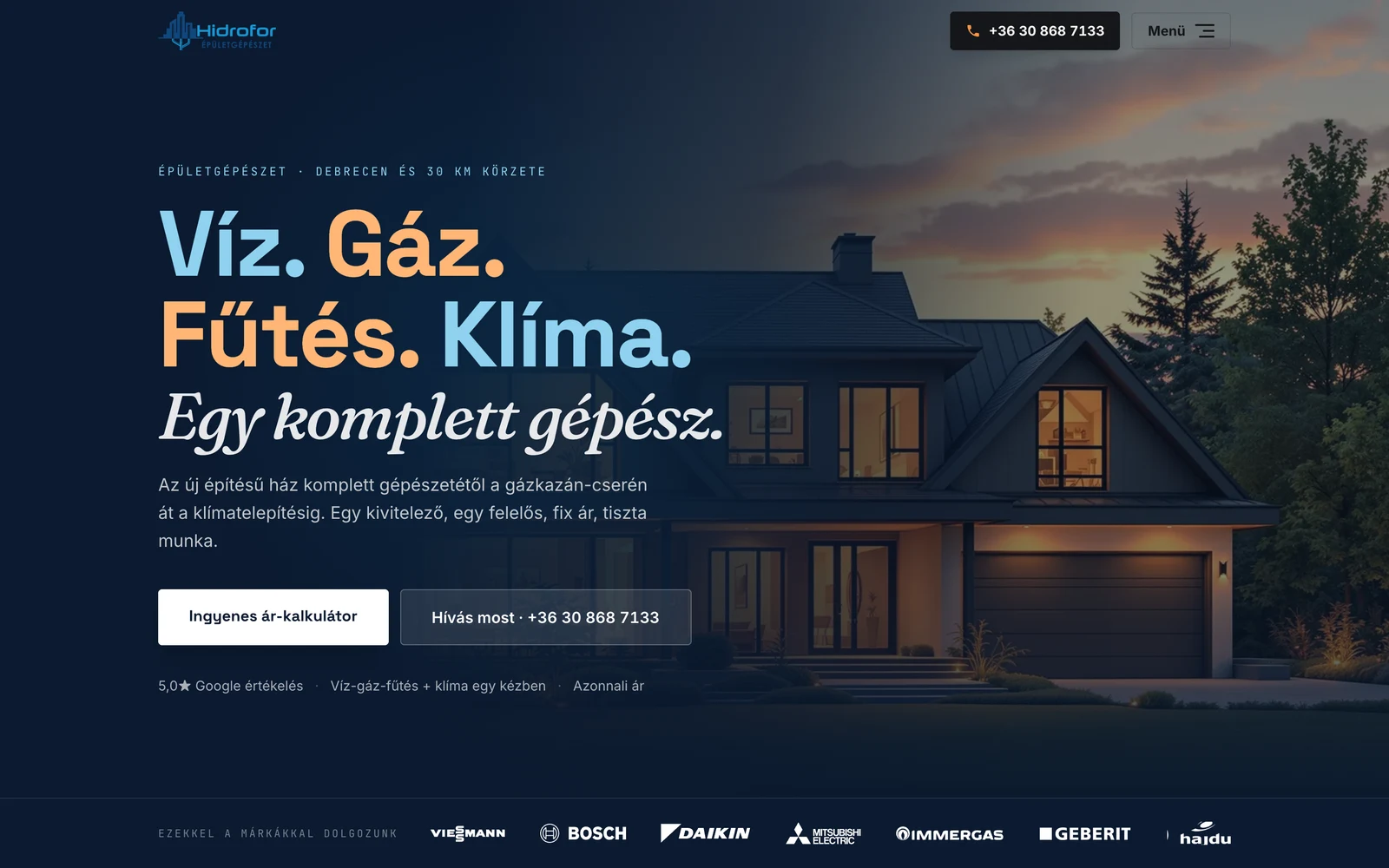Hidrofor épületgépészet weboldal nyitóképernyő
