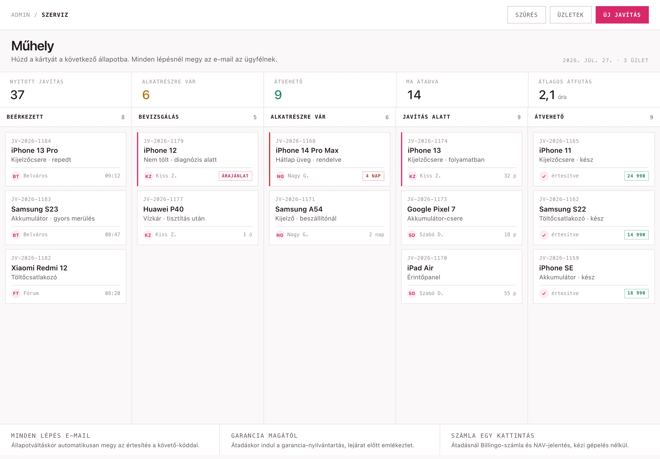 A szerviz Kanban táblája: beérkezett, bevizsgálás, alkatrészre vár, javítás alatt, átvehető