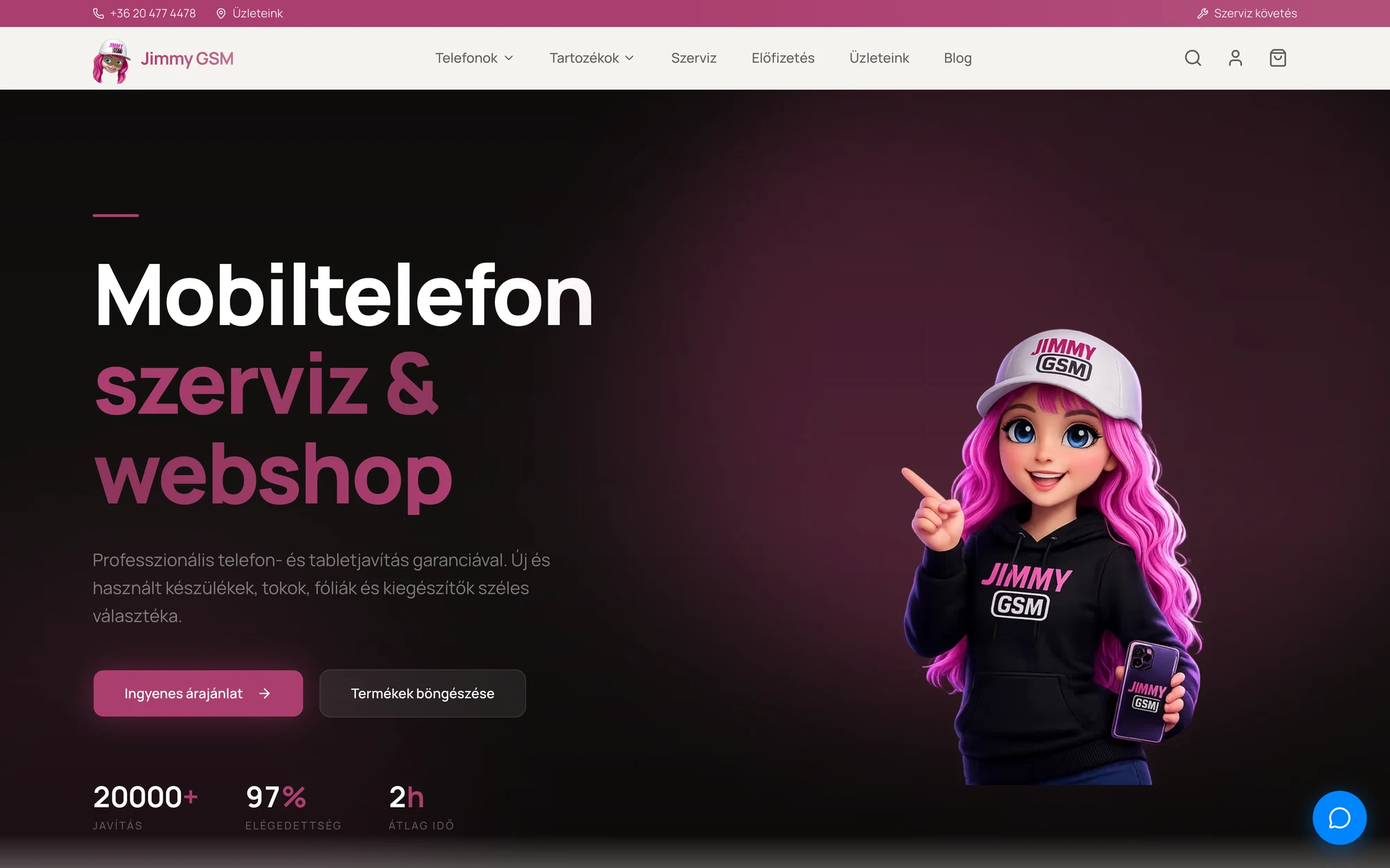 A Jimmy GSM webshop nyitóképernyője