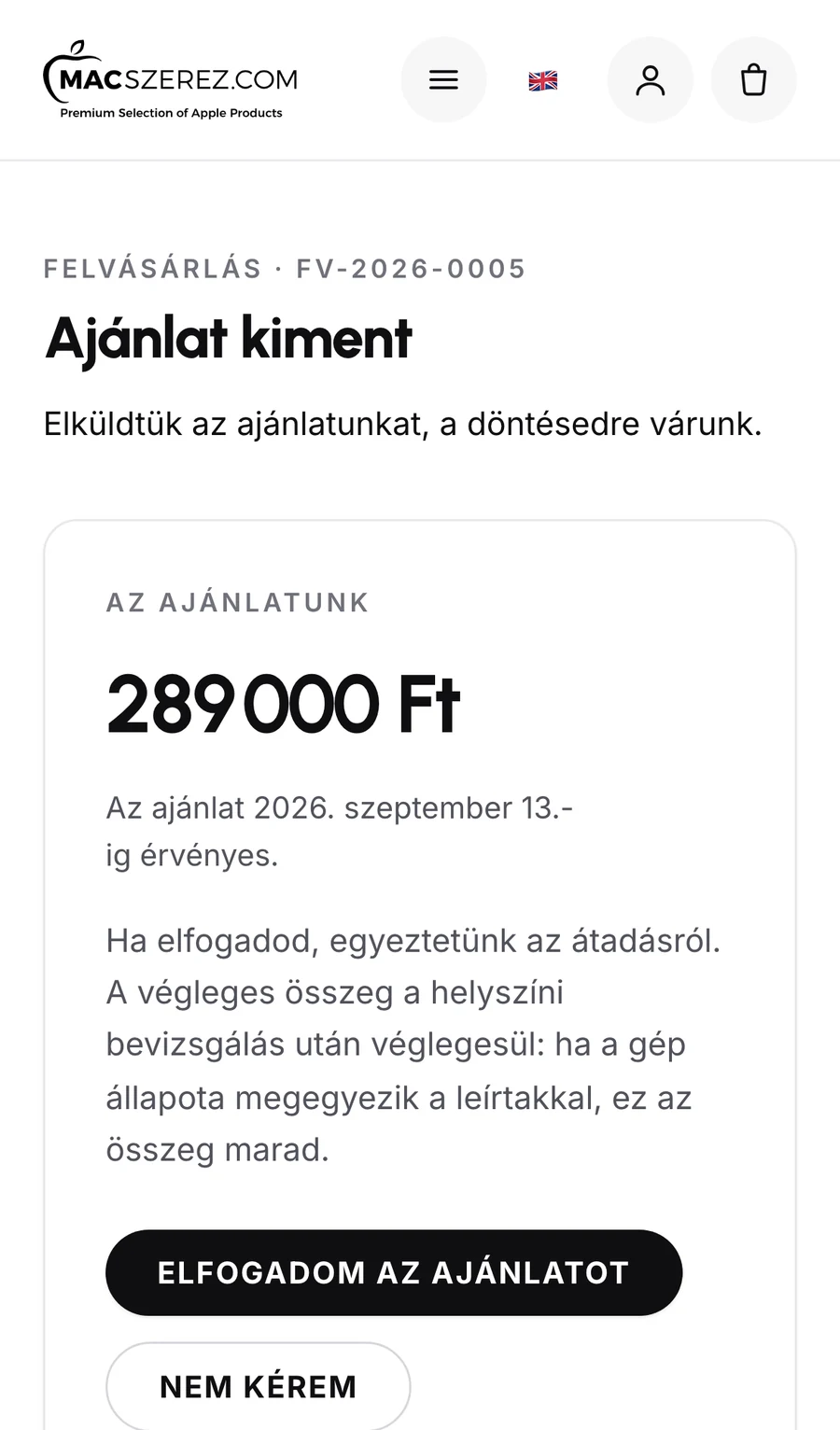 Felvásárlási ajánlat a vevő telefonján