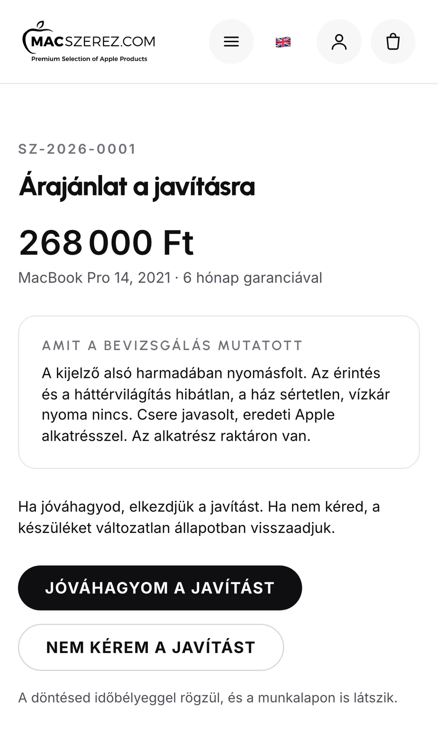 Árajánlat a javításra a vevő telefonján, jóváhagyás egy kattintással