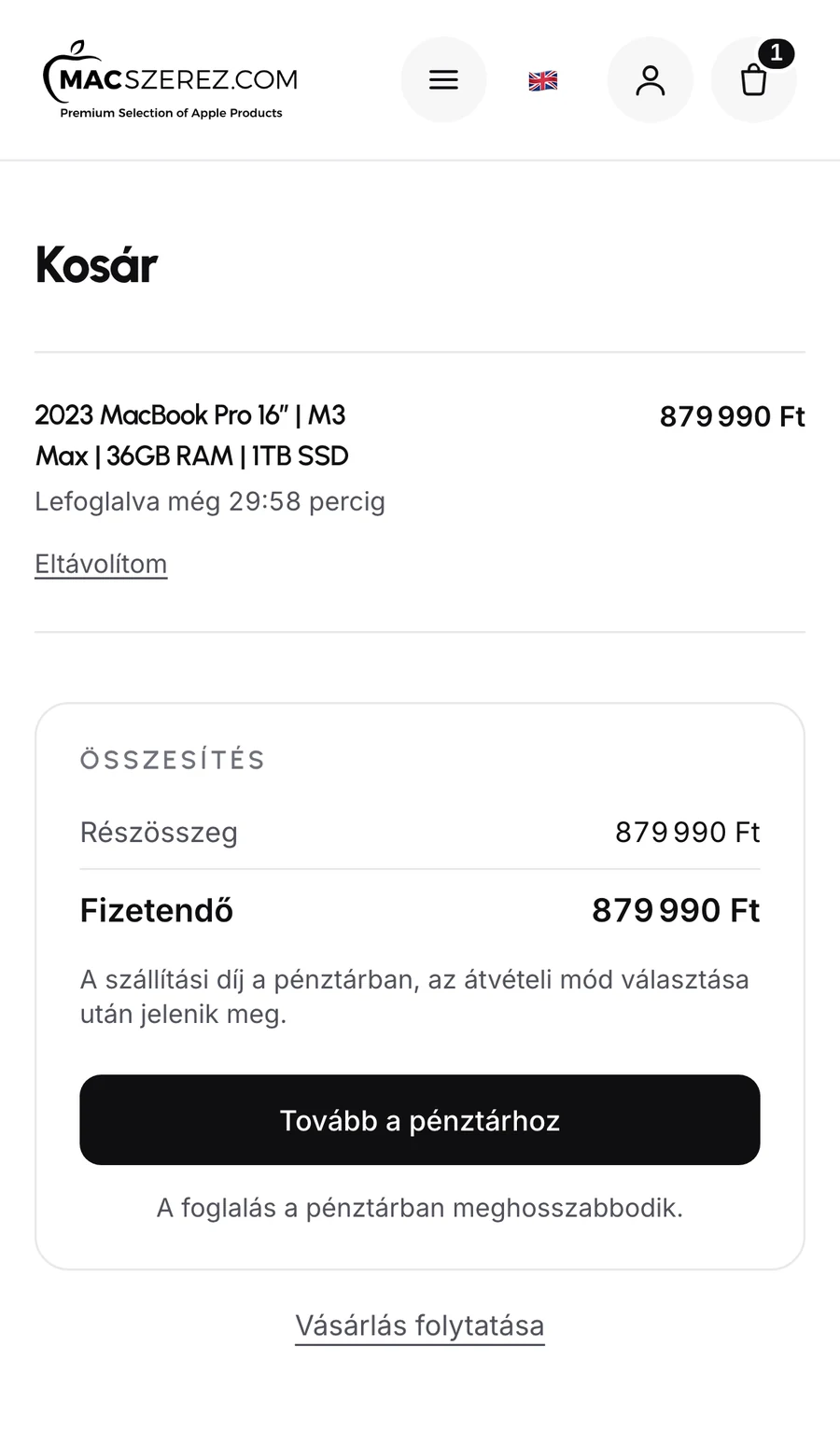 A kosár a harmincperces visszaszámlálóval