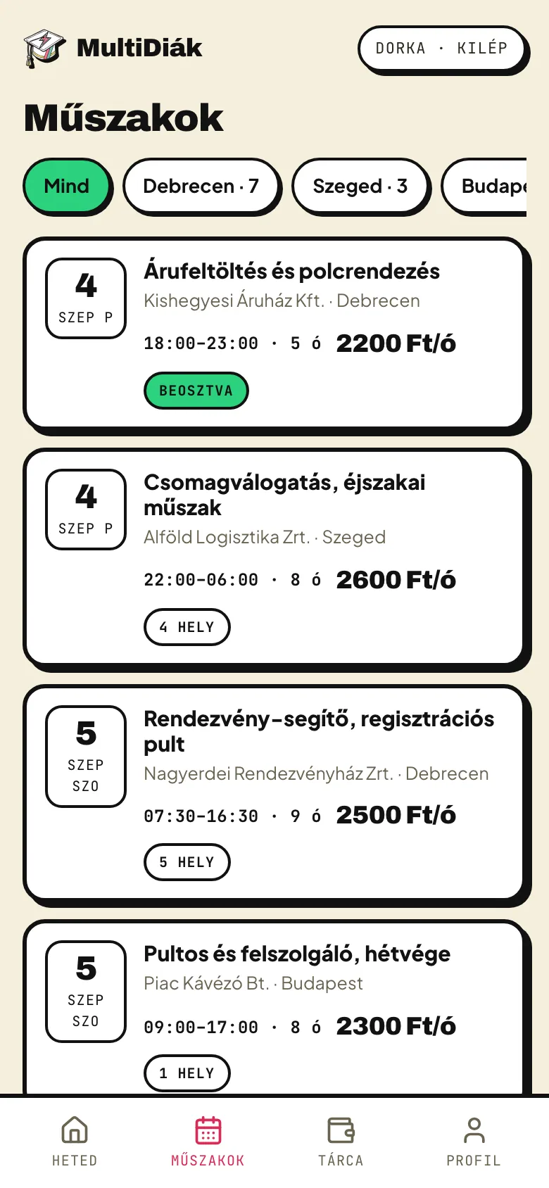 Nyitott műszakok városra szűrve