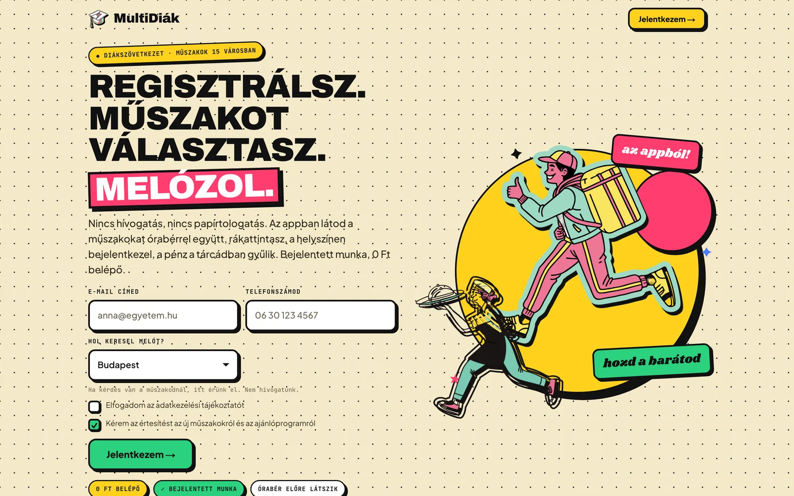 A multidiak.com nyitóképernyője a jelentkezési űrlappal