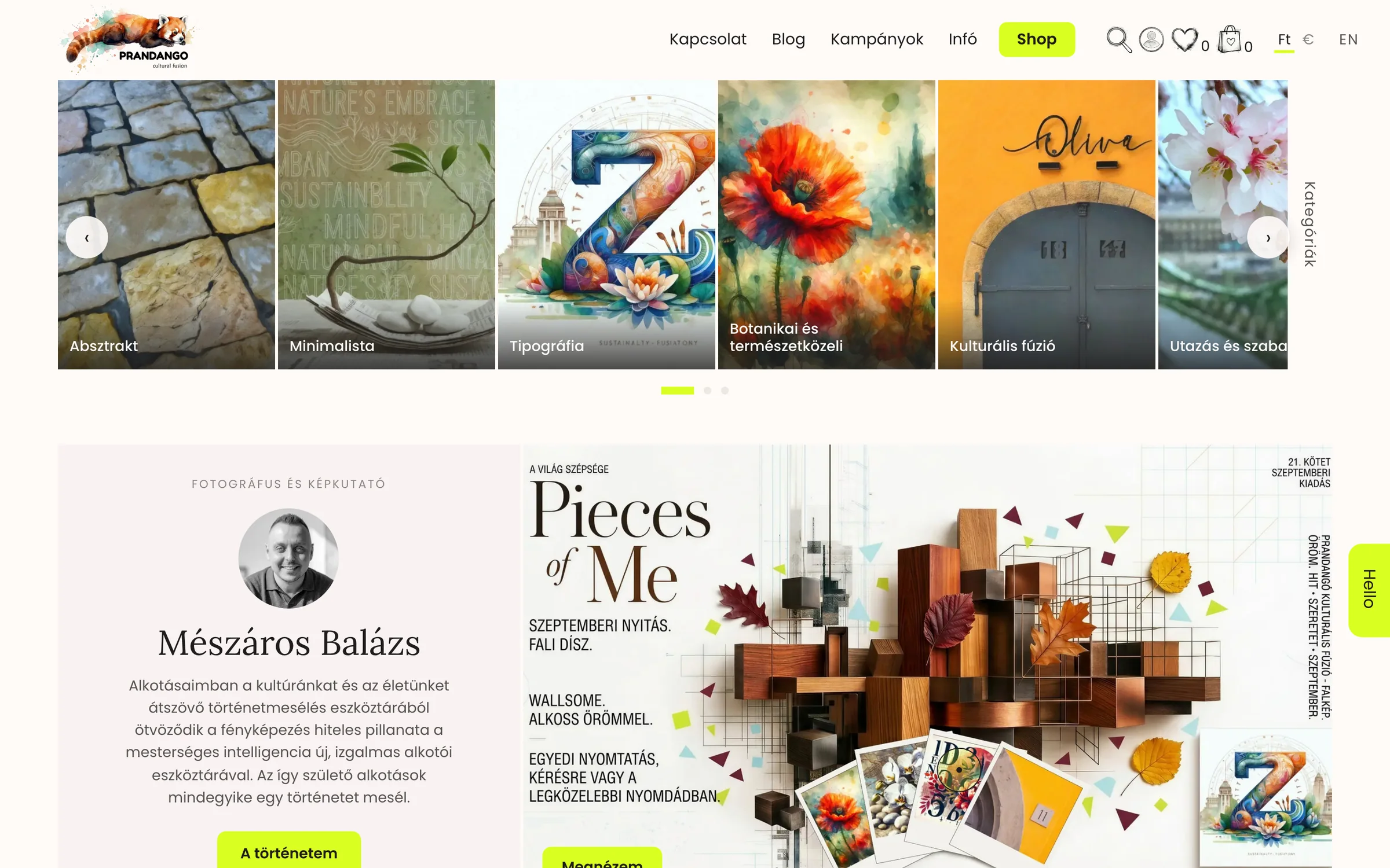 A prandango.com nyitóoldala a kategória-ráccsal