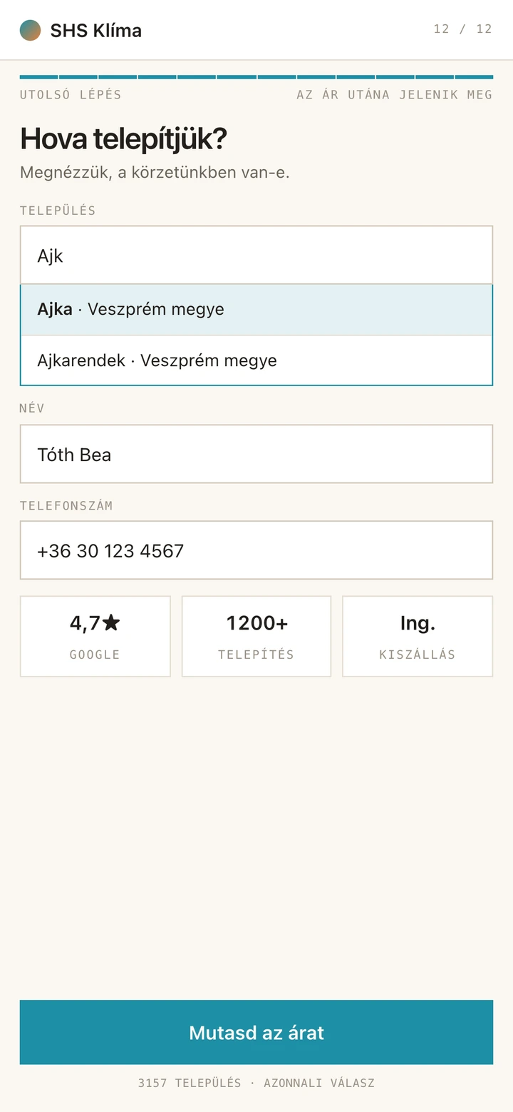 Település-választás és elérhetőség az utolsó lépésben