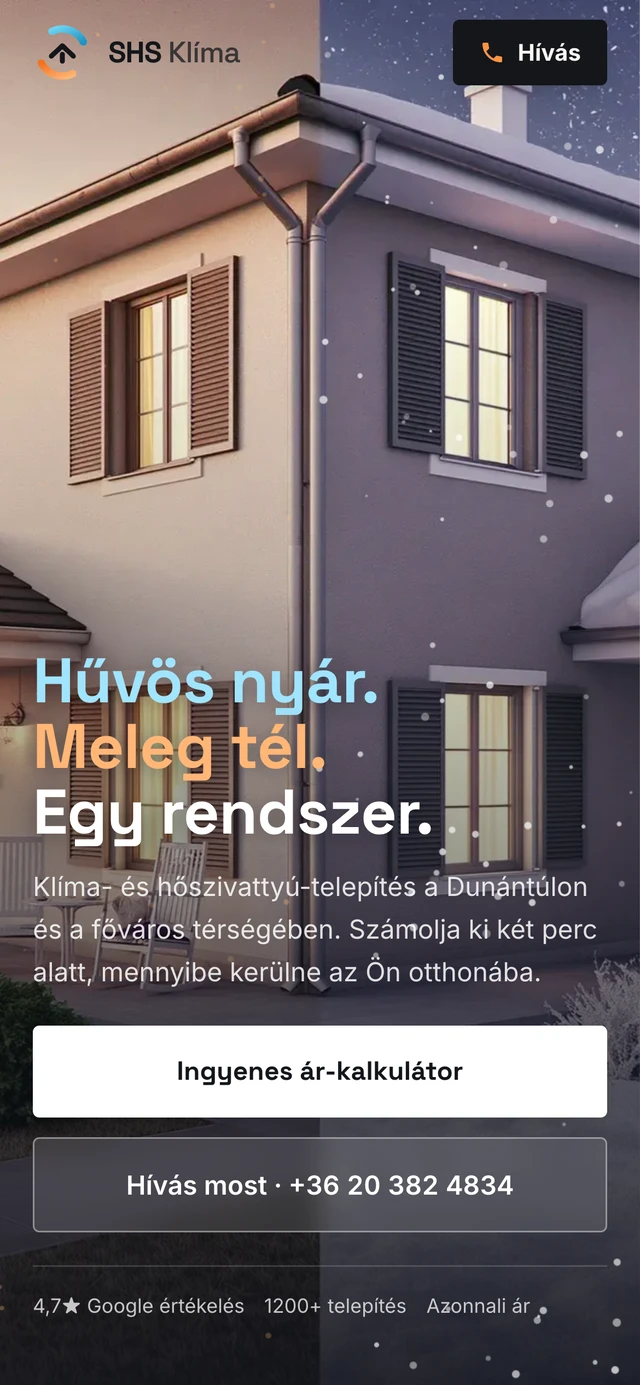 Az SHS Klíma oldal mobil nézetben