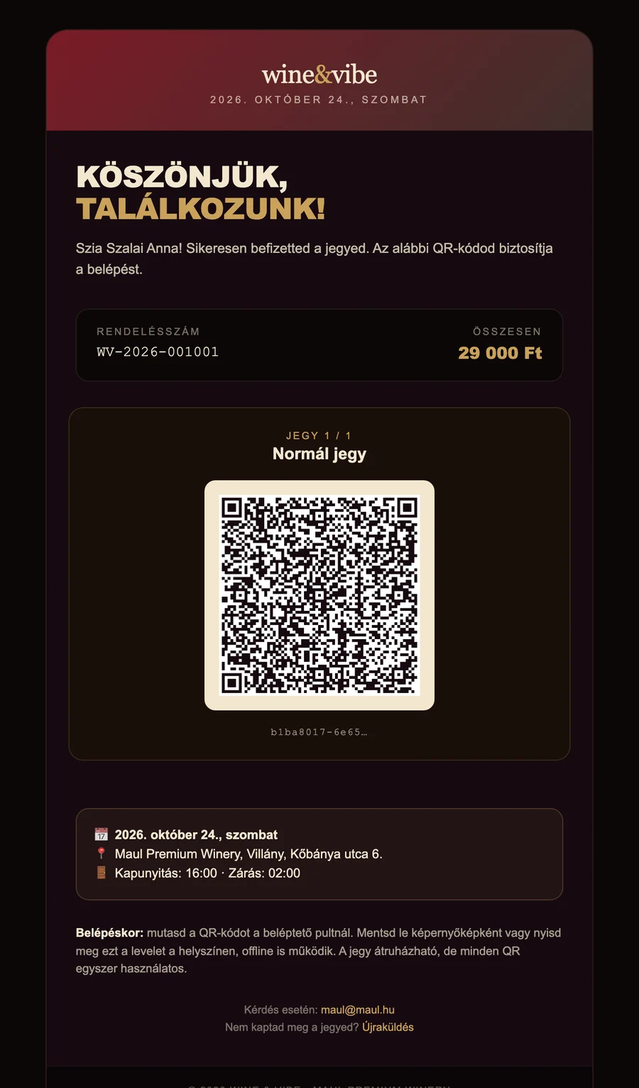 A megérkezett jegy e-mailben, QR-kóddal