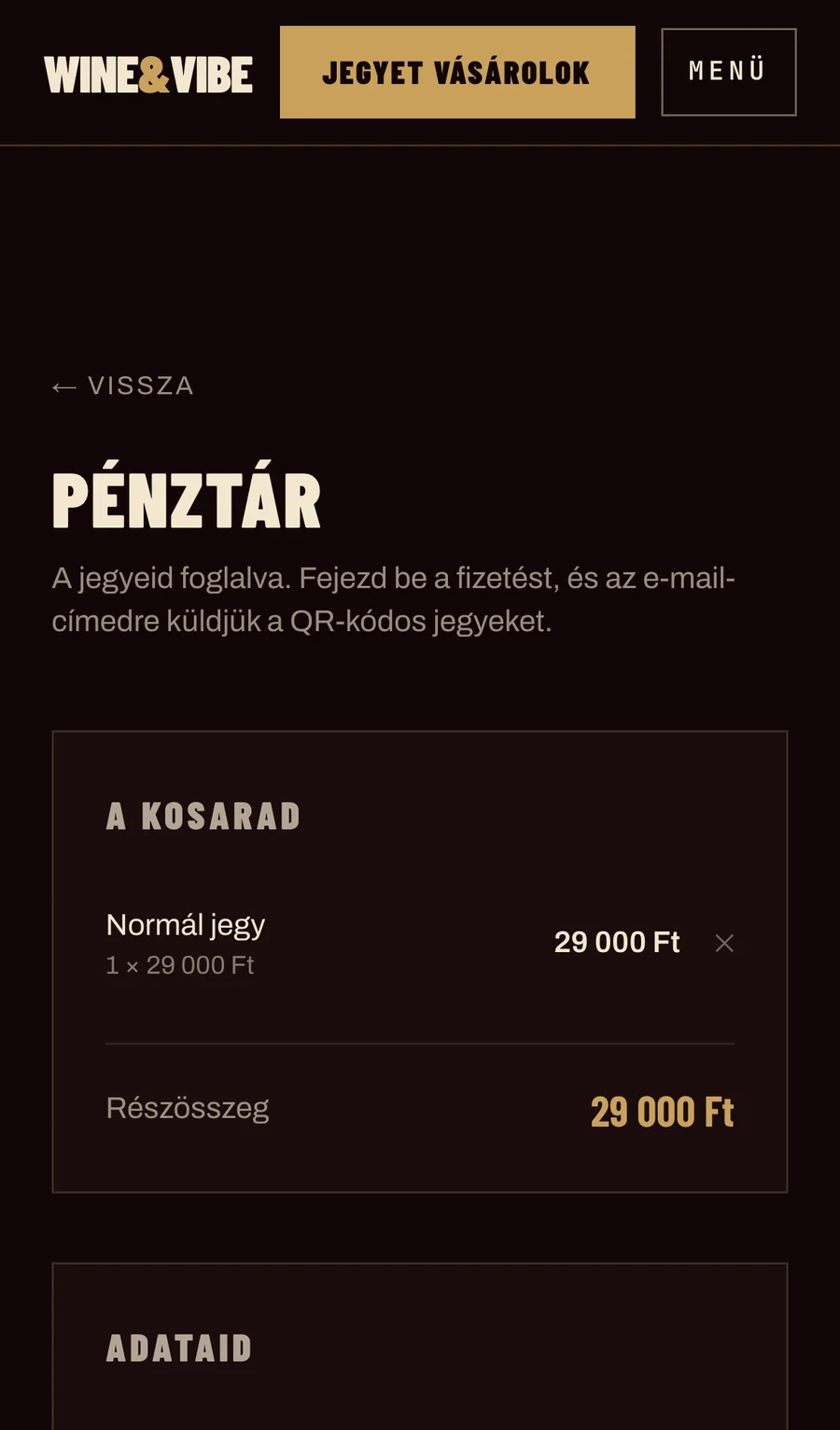 Pénztár: kosár, adatok, bankkártyás fizetés