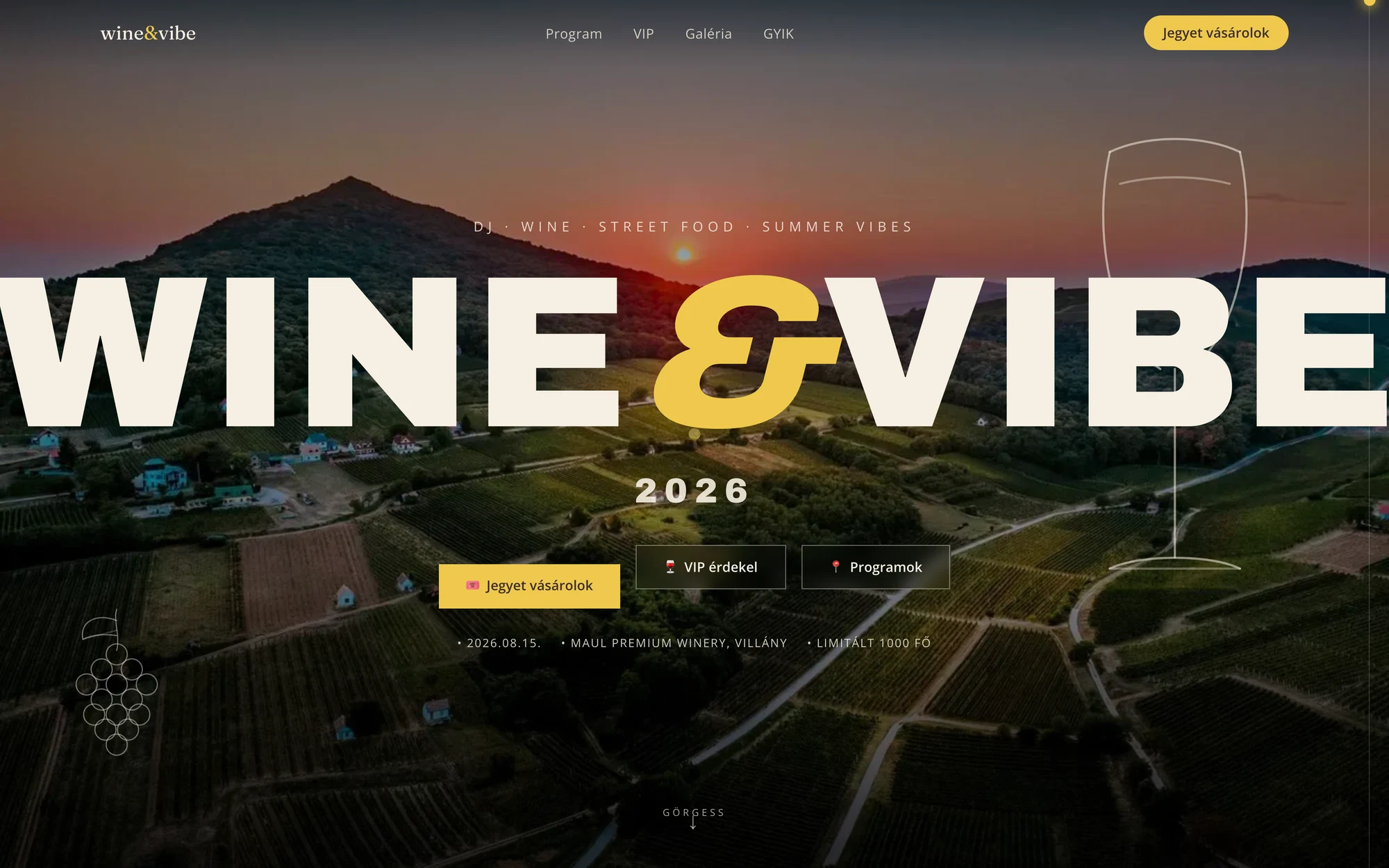 A Wine & Vibe fesztivál oldalának nyitóképernyője