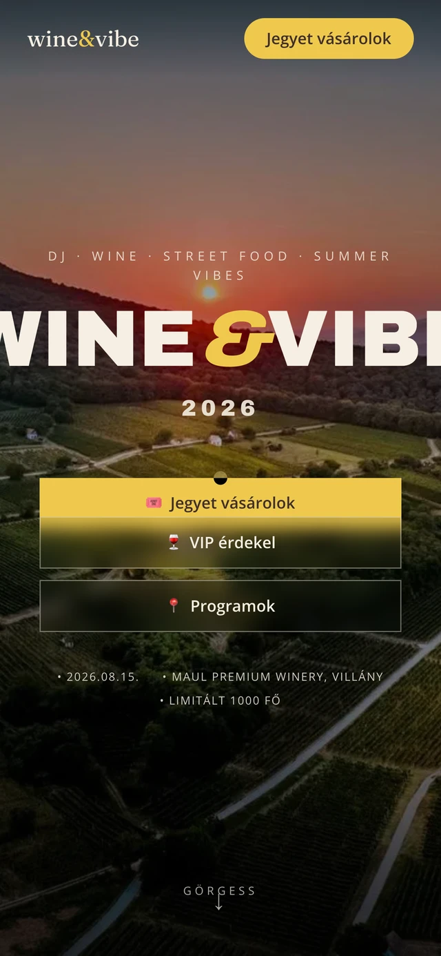 A Wine & Vibe oldal mobil nézetben